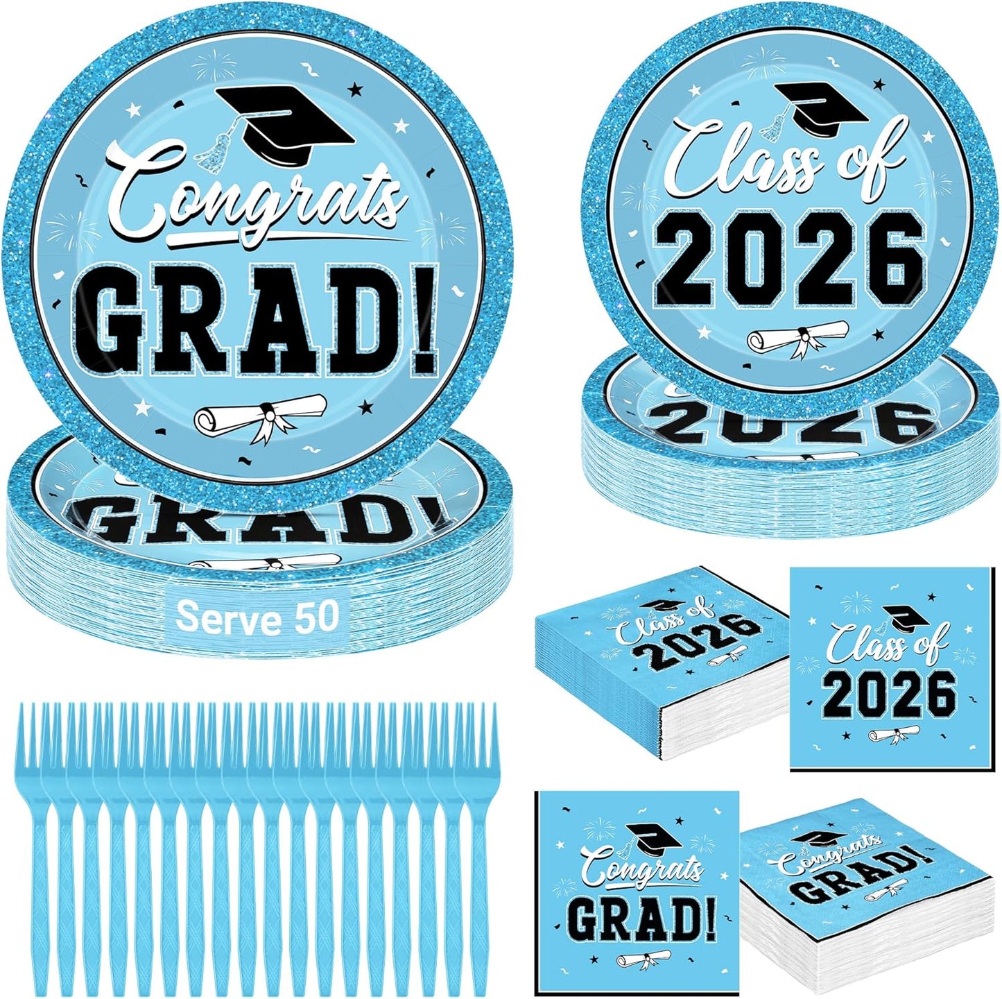 200Pcs Graduation Decorations 2026, Blue Graduation Plates and Napkins Party Supplies for 50 Guests, Disposable Grad Plates, Napkins, Dessert Plates and Forks for Grad Decor Wedding Birthday Supplies