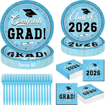 200Pcs Graduation Decorations 2026, Blue Graduation Plates and Napkins Party Supplies for 50 Guests, Disposable Grad Plates, Napkins, Dessert Plates and Forks for Grad Decor Wedding Birthday Supplies