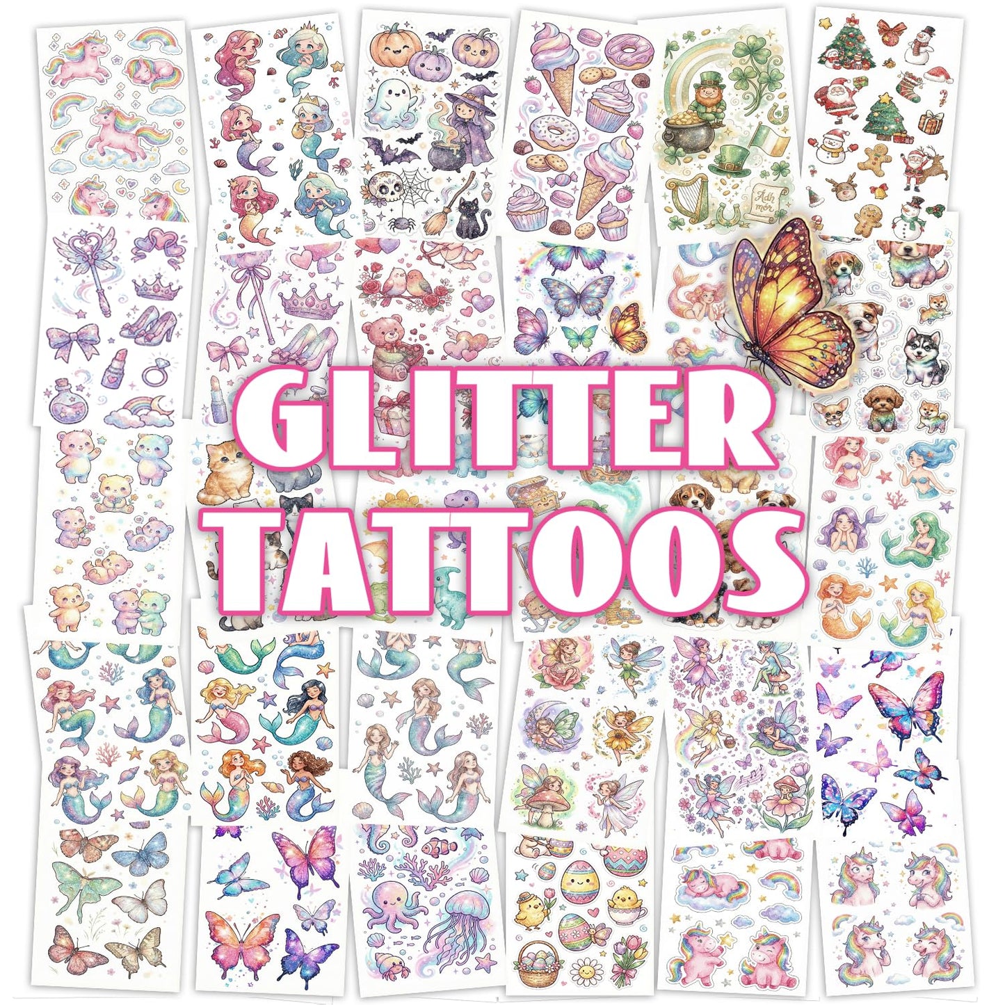 Tattoos for Kids, 350+ Mixed Styles (37 Sheets) Temporary Tattoos Stickers Set Gift for Girls and Boys, Space Dinosaur Animals Butterfly Tattoos for Kids Birthday Party Supplies