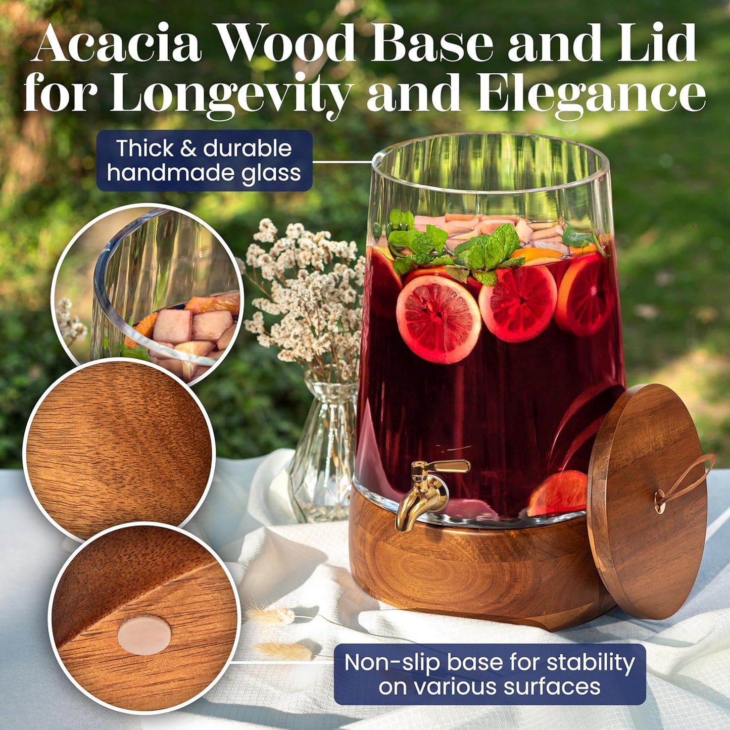FOODLE Large Glass Drink Dispenser with Spigot - Glass Beverage Dispenser with Stand - Perfect for Parties & Weddings - Pitcher for Lemonade, Water, Sangria, Punch & Juice - Leakproof - 1.72 Gallon
