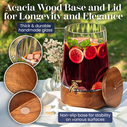 FOODLE Large Glass Drink Dispenser with Spigot - Glass Beverage Dispenser with Stand - Perfect for Parties & Weddings - Pitcher for Lemonade, Water, Sangria, Punch & Juice - Leakproof - 1.72 Gallon