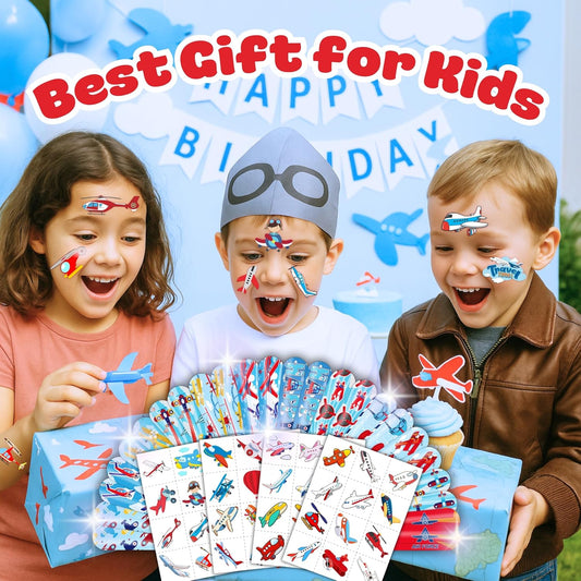 72PCS Airplane Party Favors - 48 Pre-cut Temporary Tattoos & 24 Airplane Slap Bracelets - Themed Birthday Party Supplies for Boys & Girls - Perfect Decorations, Gifts, School Prizes, Carnival Rewards