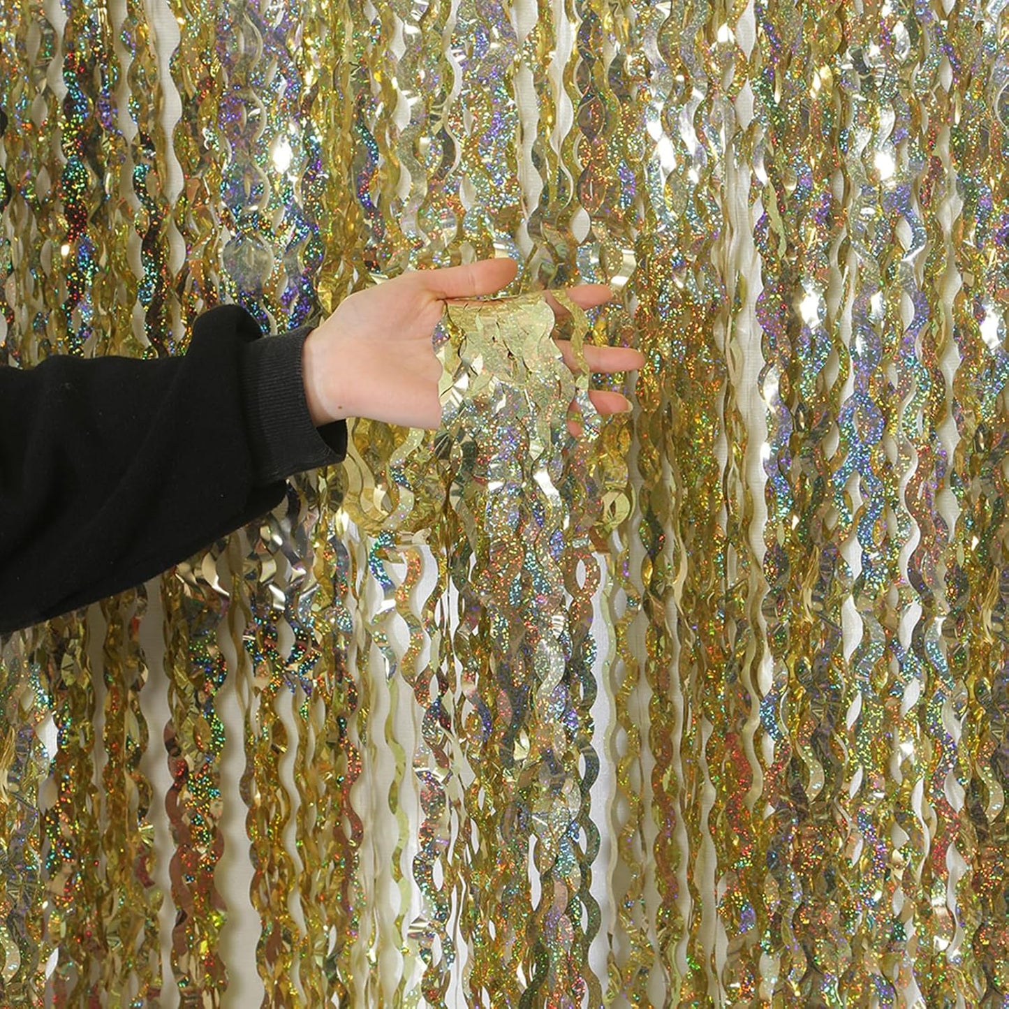 4 Pack Wavy Champagne Gold Metallic Tinsel Foil Fringe Curtains Backdrop - 3.3X6.6ft Foil Fringe Backdrop for Parties | Door Streamers for Birthday | Photo Booth Backdrops Party Decor