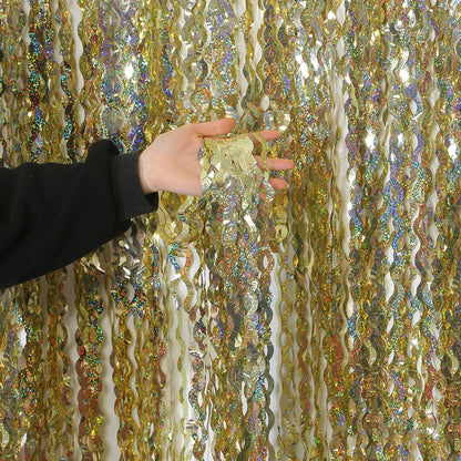 4 Pack Wavy Champagne Gold Metallic Tinsel Foil Fringe Curtains Backdrop - 3.3X6.6ft Foil Fringe Backdrop for Parties | Door Streamers for Birthday | Photo Booth Backdrops Party Decor