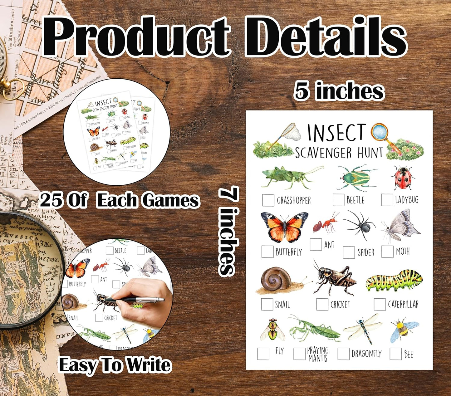 25 Pcs Nature Scavenger Hunt Cards, Outdoor Insect Scavenger Hunts, Camping Scavenger Hunt Game Set, Outdoor Travel Seek Activity, Holiday Party Games for Family Friend, A03