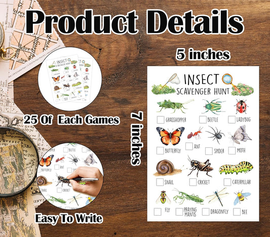 25 Pcs Nature Scavenger Hunt Cards, Outdoor Insect Scavenger Hunts, Camping Scavenger Hunt Game Set, Outdoor Travel Seek Activity, Holiday Party Games for Family Friend, A03