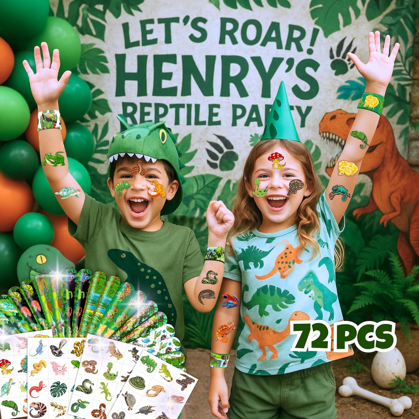 72PCS Reptile Party Favors - 48 Pre-cut Tattoos & 24 Slap Bracelets, Alligator, Lizard, Gecko, Snake Patterns - Perfect for Reptile-Themed Birthdays, Classroom Prizes, and Party Supplies for Boys