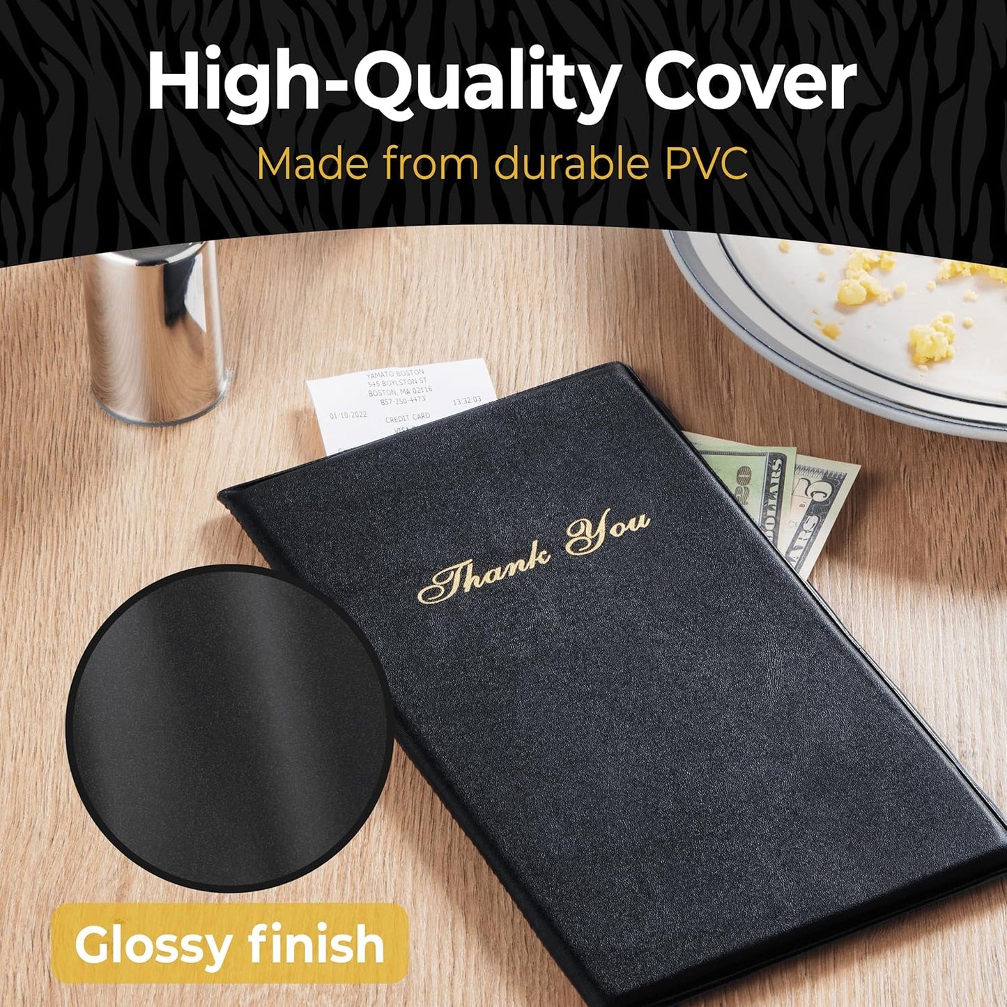 Restaurant Check Presenters - Guest Check Card Holder with Gold Thank You Imprint - 5.5" x 10" Black 20 Pack, Standard Server Book - Waitress Book
