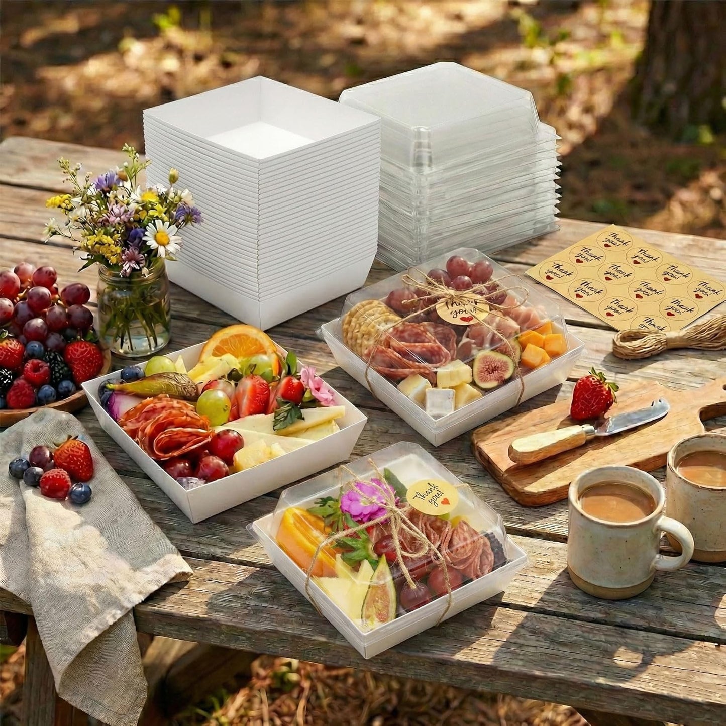 Leafiew 50 Pack Small Charcuterie Boxes with Clear Lids - To Go Paper Mini Charcuterie Box, Disposable Food Containers, 5Inch Dessert Boxes - Sandwich, Cookie, Sushi, Cake Slice, Strawberries (Brown)