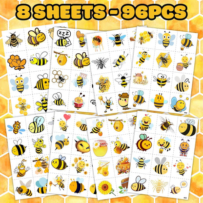 96PCS Bee Pre-Cut Temporary Tattoos for Kids - Cute Party Favors & Decorations, Perfect for Birthday Parties, School Prizes, and Themed Gifts for Boys & Girls