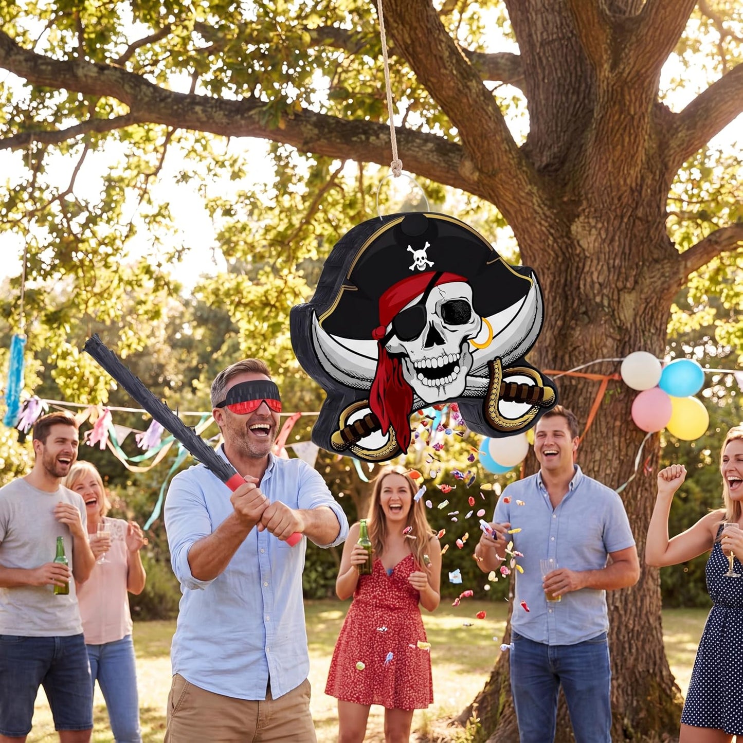 Pirate Piñata Bundle Pirate Party Game Set Include Captain Piñata Bat Stick Blindfold Mask for Birthday Party Nautical Adventure Game Decor Supplies Decor, 13.4 x 14.3 x 3.2''