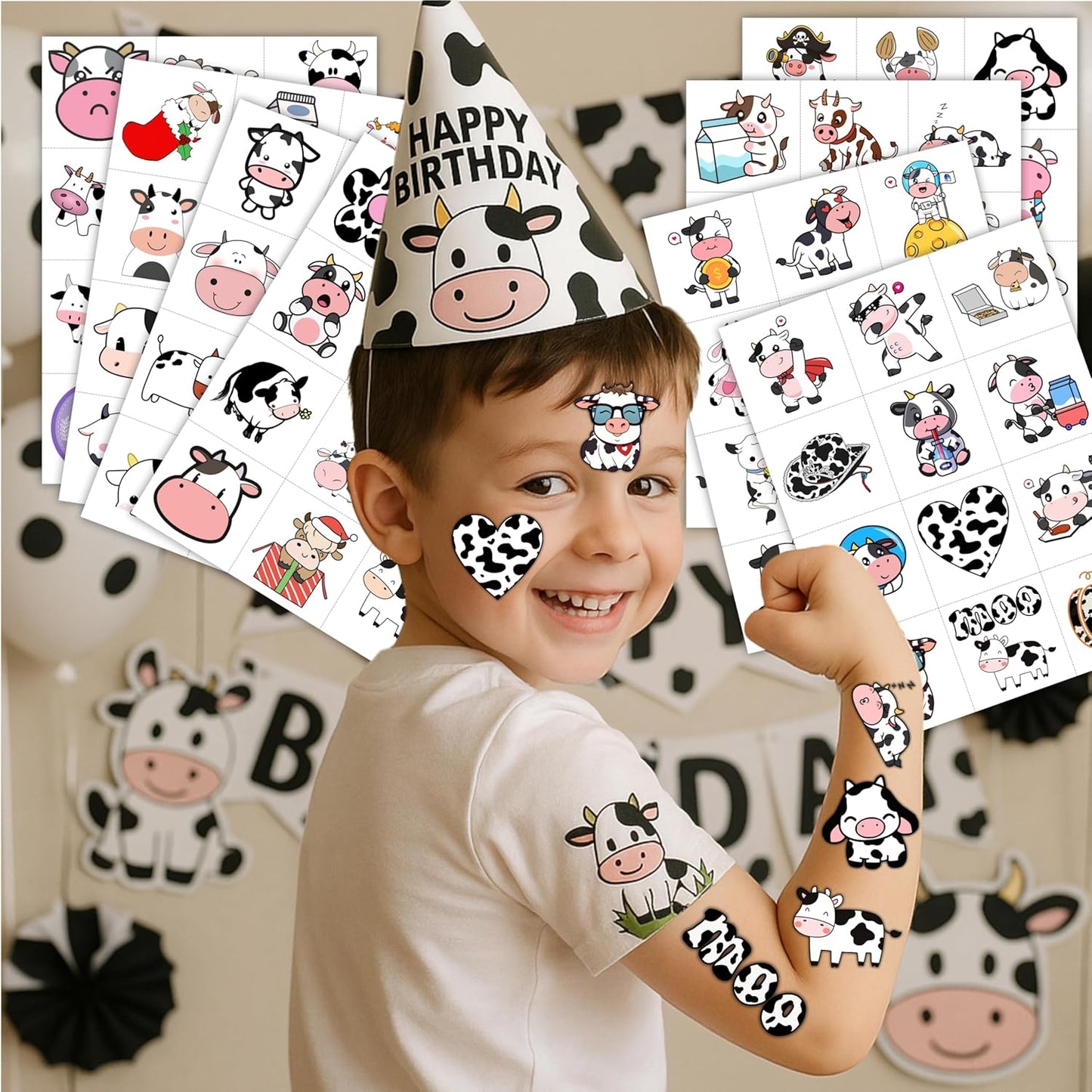 96PCS Cow Pre-Cut Temporary Tattoos for Kids - Farm Animal Birthday Party Supplies, Decorations, and Favors - Super Cute Milk Cow Sticker Gifts for Boys & Girls, Classroom Prizes, and Themed Events