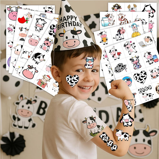 96PCS Cow Pre-Cut Temporary Tattoos for Kids - Farm Animal Birthday Party Supplies, Decorations, and Favors - Super Cute Milk Cow Sticker Gifts for Boys & Girls, Classroom Prizes, and Themed Events
