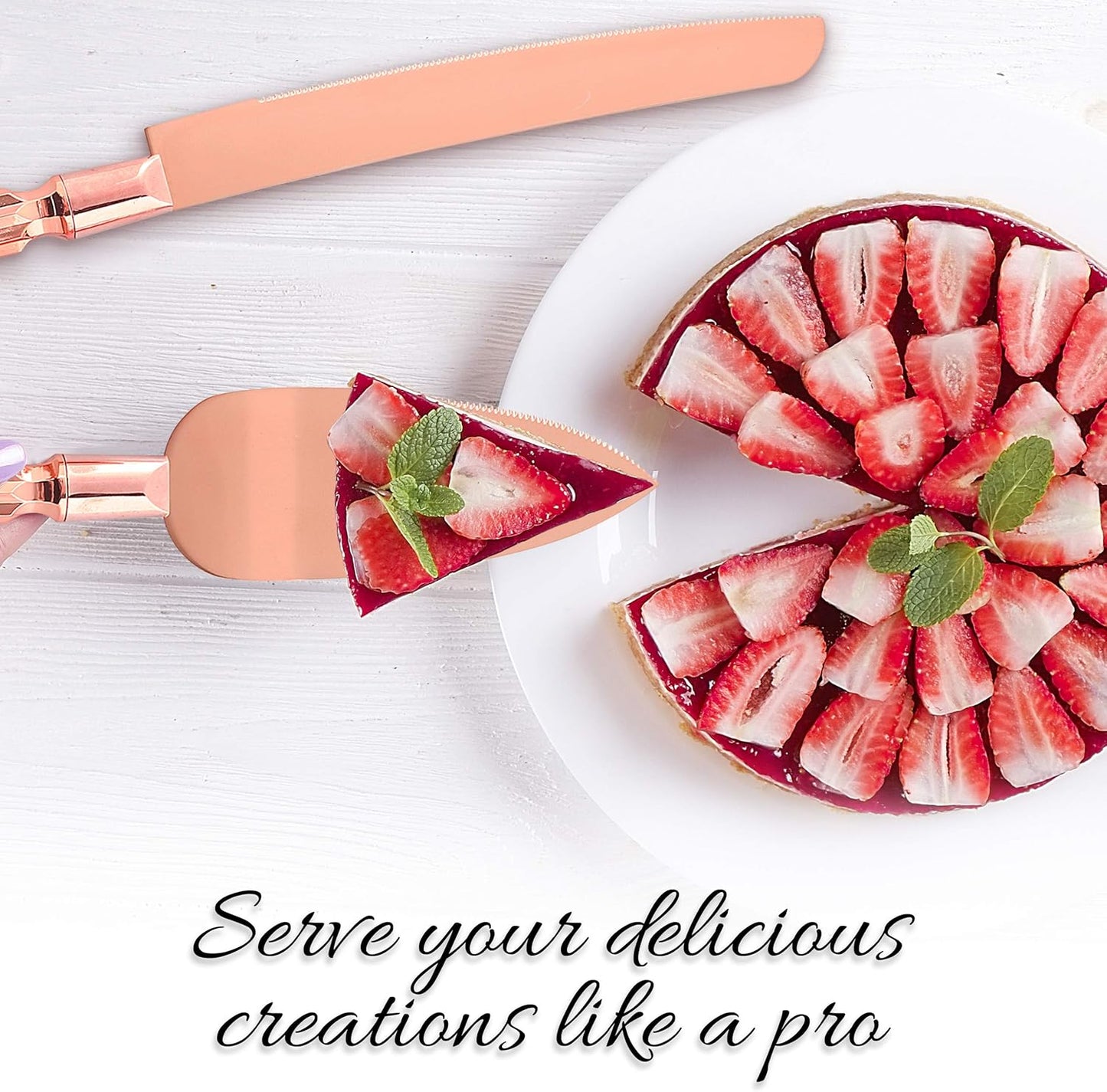 Homi styles Wedding Cake knife and Server Set | Elegant Rose Gold Color Premium 420 Stainless Steel plated Blades | Cake & Pie Serving Set for Wedding Cake, Birthdays, Anniversaries, Parties