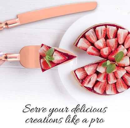 Homi styles Wedding Cake knife and Server Set | Elegant Rose Gold Color Premium 420 Stainless Steel plated Blades | Cake & Pie Serving Set for Wedding Cake, Birthdays, Anniversaries, Parties