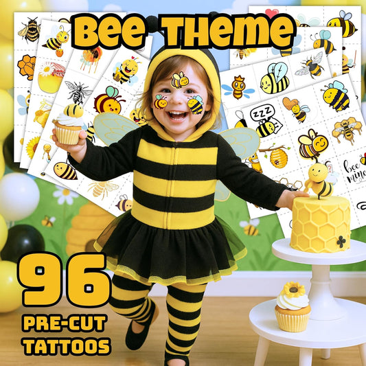 96PCS Bee Pre-Cut Temporary Tattoos for Kids - Cute Party Favors & Decorations, Perfect for Birthday Parties, School Prizes, and Themed Gifts for Boys & Girls