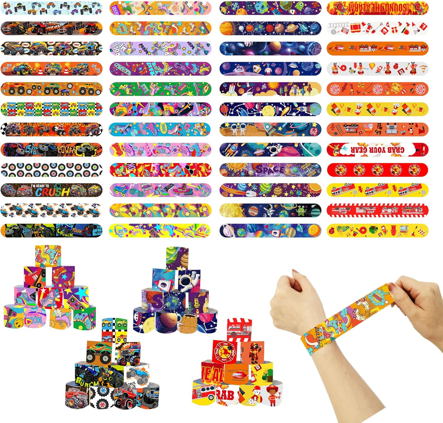 Slap Bracelets Party Favors 48Pcs Slap Bracelets Bulk Party Snap Bracelets Gifts for kids Butterflies,Space multi-themed School Classroom Prizes Exchange (B:Space,Trucks,Fire trucks,Roller skates)