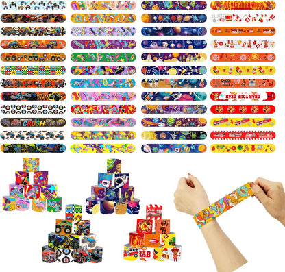 Slap Bracelets Party Favors 48Pcs Slap Bracelets Bulk Party Snap Bracelets Gifts for kids Butterflies,Space multi-themed School Classroom Prizes Exchange (B:Space,Trucks,Fire trucks,Roller skates)