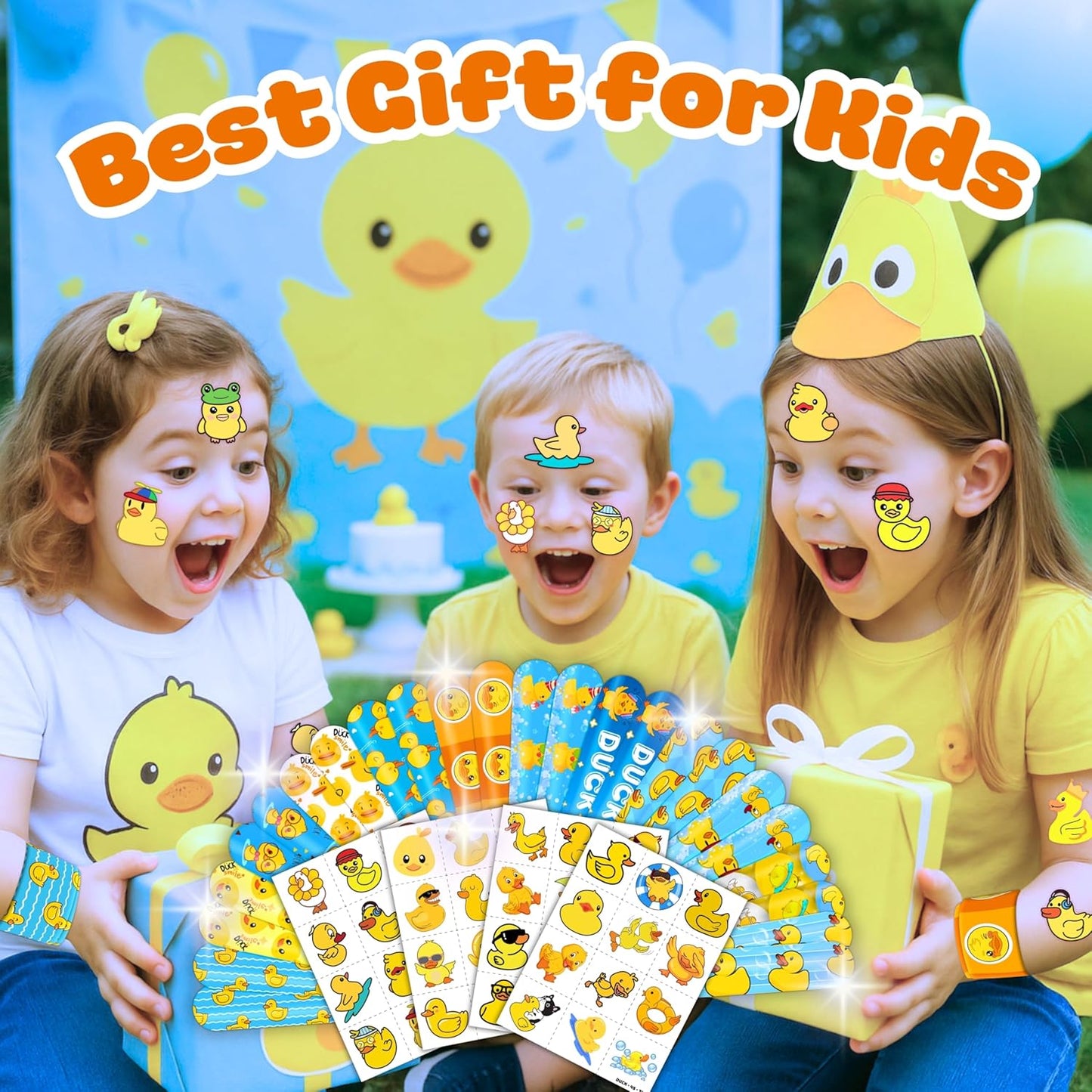 72PCS Duck Party Favors - 48PCS Pre-cut Temporary Tattoos & 24PCS Slap Bracelets - Cute Birthday Party Supplies, Decorations, Baby Shower Gifts, Classroom Prizes, and Rewards for Boys & Girls