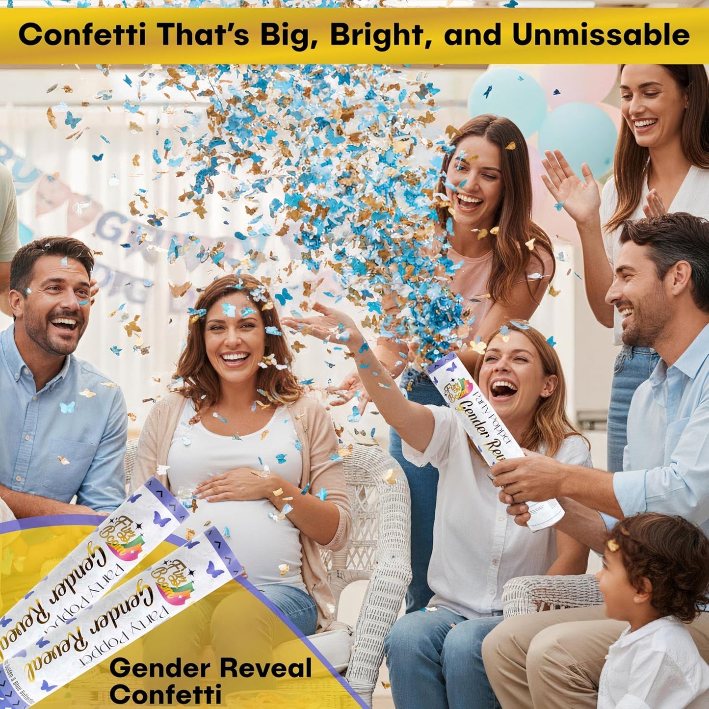 2 Pack Blue Heart-Shaped Confetti Poppers for Baby Gender Reveal | Blue Paper and gold mylar Baby Boy Party Supplies