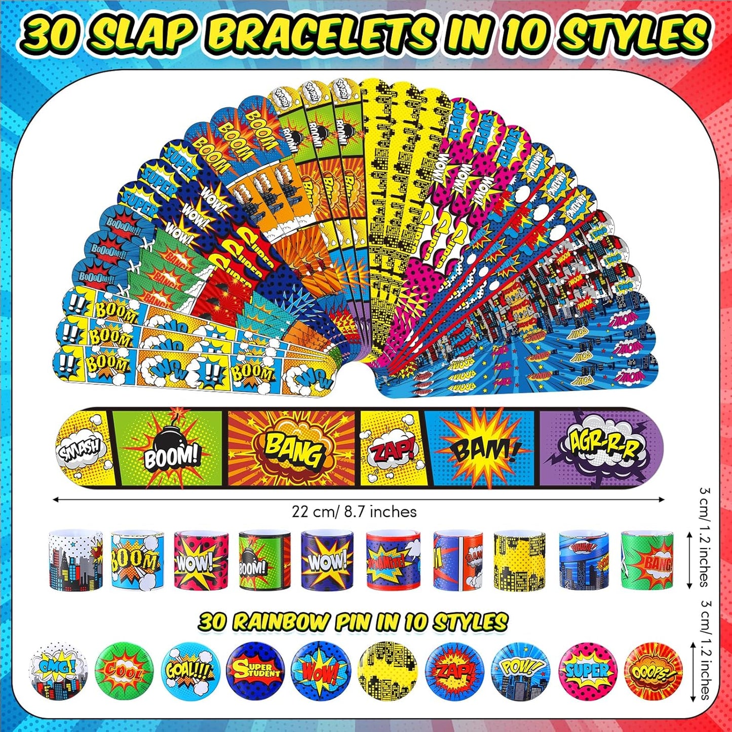 Junkin 60 Pcs Hero Party Favor Hero Slap Bracelets Comic Book Slap Bracelet for Kids Comic Book Mini Button Pin for Girl Boy Heroic Birthday Party Supplies Classroom Prizes Gift