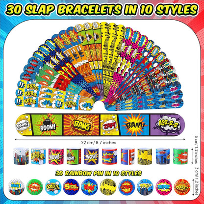 Junkin 60 Pcs Hero Party Favor Hero Slap Bracelets Comic Book Slap Bracelet for Kids Comic Book Mini Button Pin for Girl Boy Heroic Birthday Party Supplies Classroom Prizes Gift