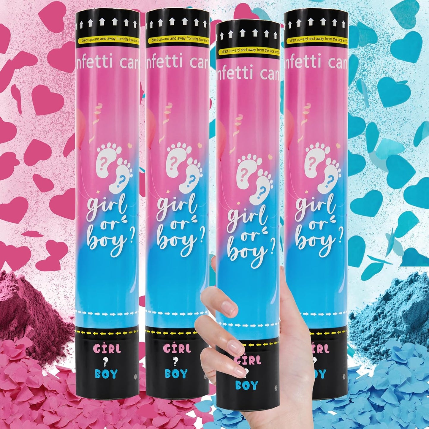 Crisky Gender Reveal Confetti Cannon Heart Shaped Confetti Poppers 4 Pack (Pink) for Baby Shower Baptism Party Cannons Shooter Blaster