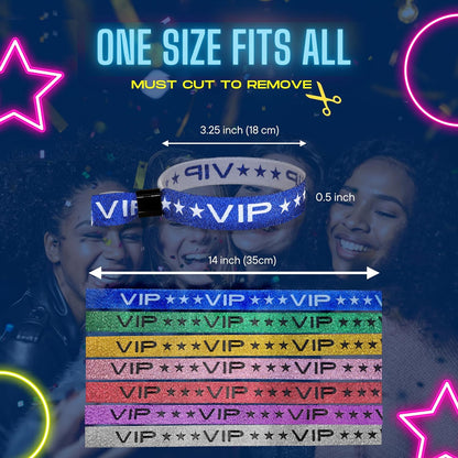 100 Pack Glitter Gold VIP Party Wristbands with Secure Locking Clip. Must Have Adjustable Sparkle VIP Wrist Bands for Events, Parties, Weddings and Festivals