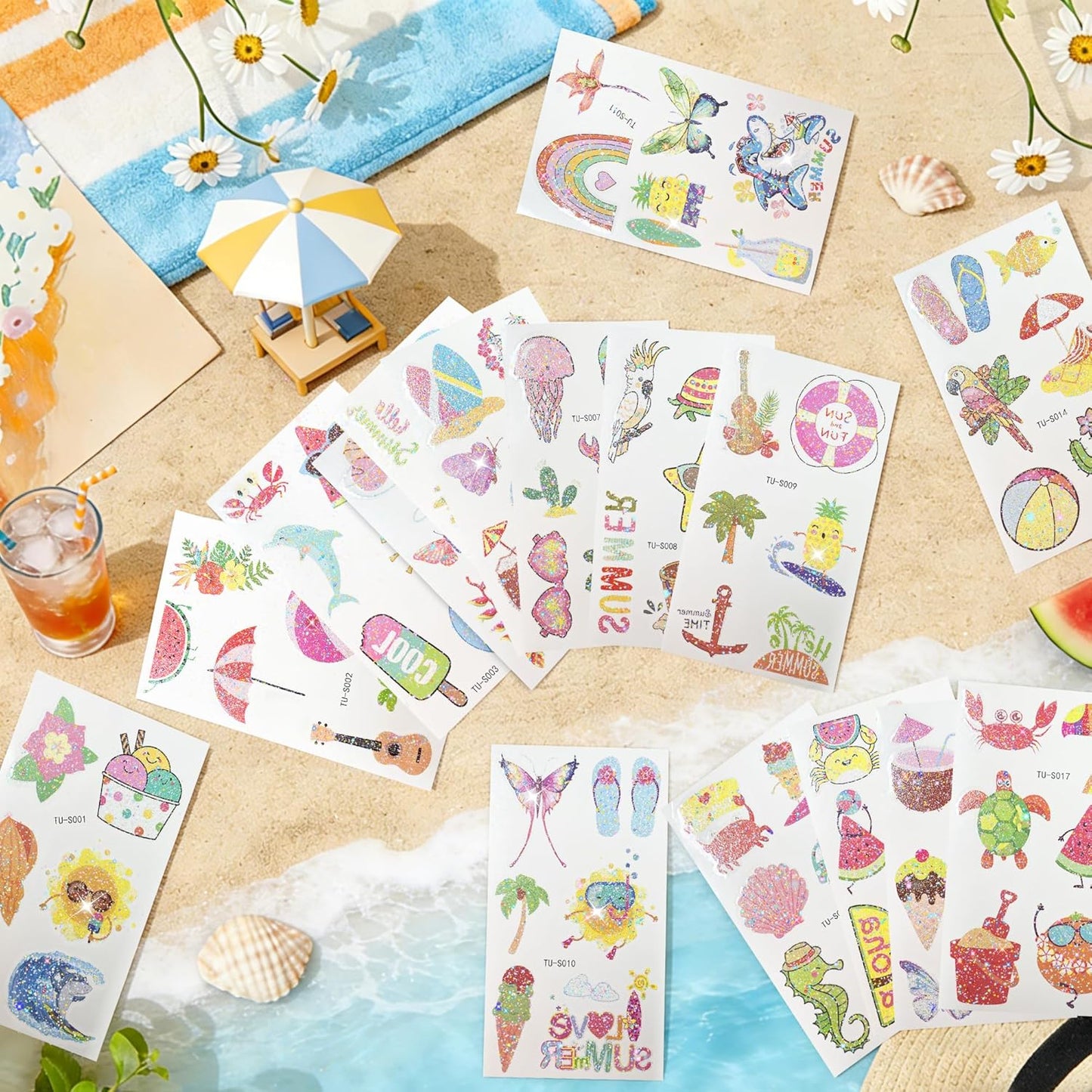 120 PCS Glitter Summer Temporary Tattoos For Kids - Hawaiian Luau Party Favors, Adults Bulk Fun Pool Party Supplies and Tropical Beach Theme Waterproof Decorations