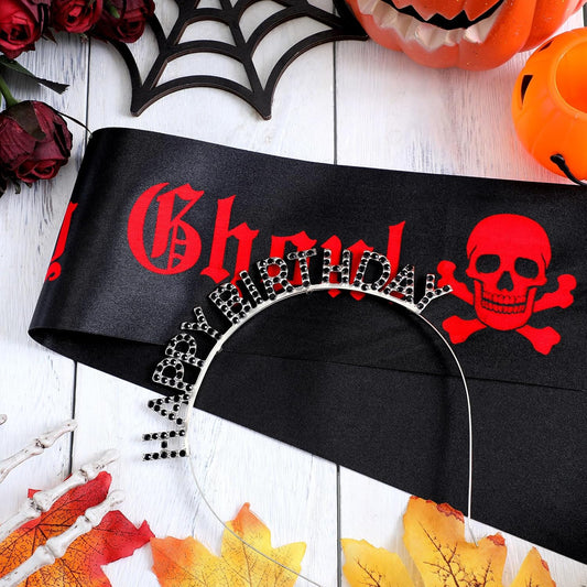 Zeyune 2 Pcs Goth Birthday Decorations Black Gothic Birthday Ghoul Sash with Headband for Girl Women Gothic Spooky Gifts Emo Horror Vampire Party Decorations(Silver,Skull)