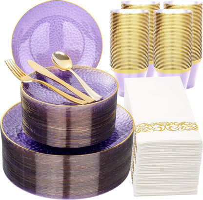 Rubtlamp 350 Pcs Clear Blue Plastic Plates, Blue Gold Plastic Dinnerware Set (50 Guests), Blue Disposable Plates With Gold Rim, Hammered Party Plates Set for Wedding And Party