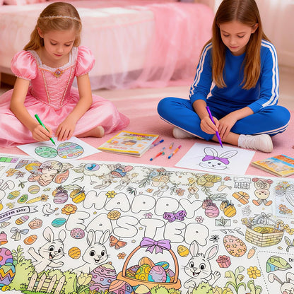 Kids Coloring Tablecloth, Easter Bunny Egg Chick Theme Paper Coloring Poster, 31 x 72 Inch Spring Holiday Coloring Activity Party Table Cover