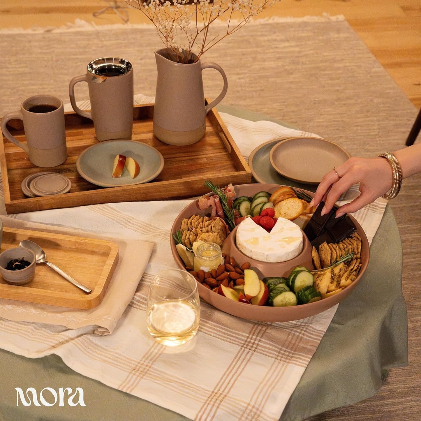 Mora Ceramic Chips and Dip Serving Tray: Large Divided Party Bowl Set for Chips & Salsa, Veggies & Dip, Fruit, Snacks, Entertaining, Hosting, etc. Minimalist Design for the Modern Hostess - White