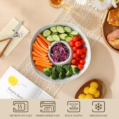 MALACASA Ceramic Chips and Dip Serving Tray, 12 Inch Large Divided Bowls Set for Salsa, Veggies & Dip, Appetizers, Snacks, Free-Form Serving Dish Platter for Parties Hosting & Entertaining, White