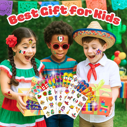 Cherisnowy 72PCS Cinco de Mayo Party Favor Set - 48PCS Temporary Pre-cut Tattoos & 24PCS Slap Bracelets - Mexican Fiesta Birthday Supplies, Baby Shower Gifts, Classroom Rewards & Party Decor for Kids
