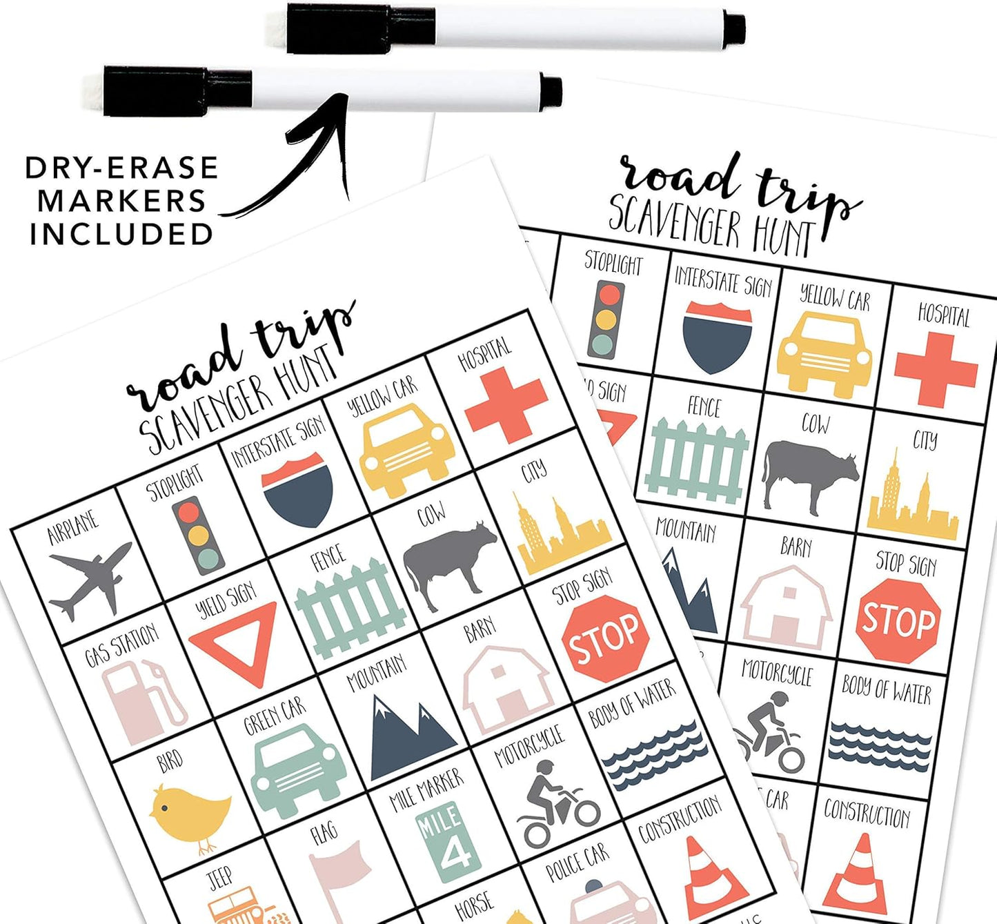 Road Trip Scavenger Hunt Games for Kids, Outdoor or Indoor, Birthday Party, Travel Activities, 10 Dry Erase Markers and Cards, Educational Family Game Night