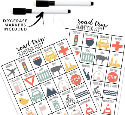 Road Trip Scavenger Hunt Games for Kids, Outdoor or Indoor, Birthday Party, Travel Activities, 10 Dry Erase Markers and Cards, Educational Family Game Night