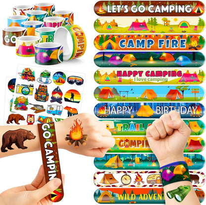 48 PCS Camping Party Favors 24PCS Tattoos Sticker 24PCS Slap Bracelets Wristbands Perfect for Camp Themed Birthday Baby Showers or Classroom Rewards Ideal Decor and Gifts for Girls Boys (Camping 2)