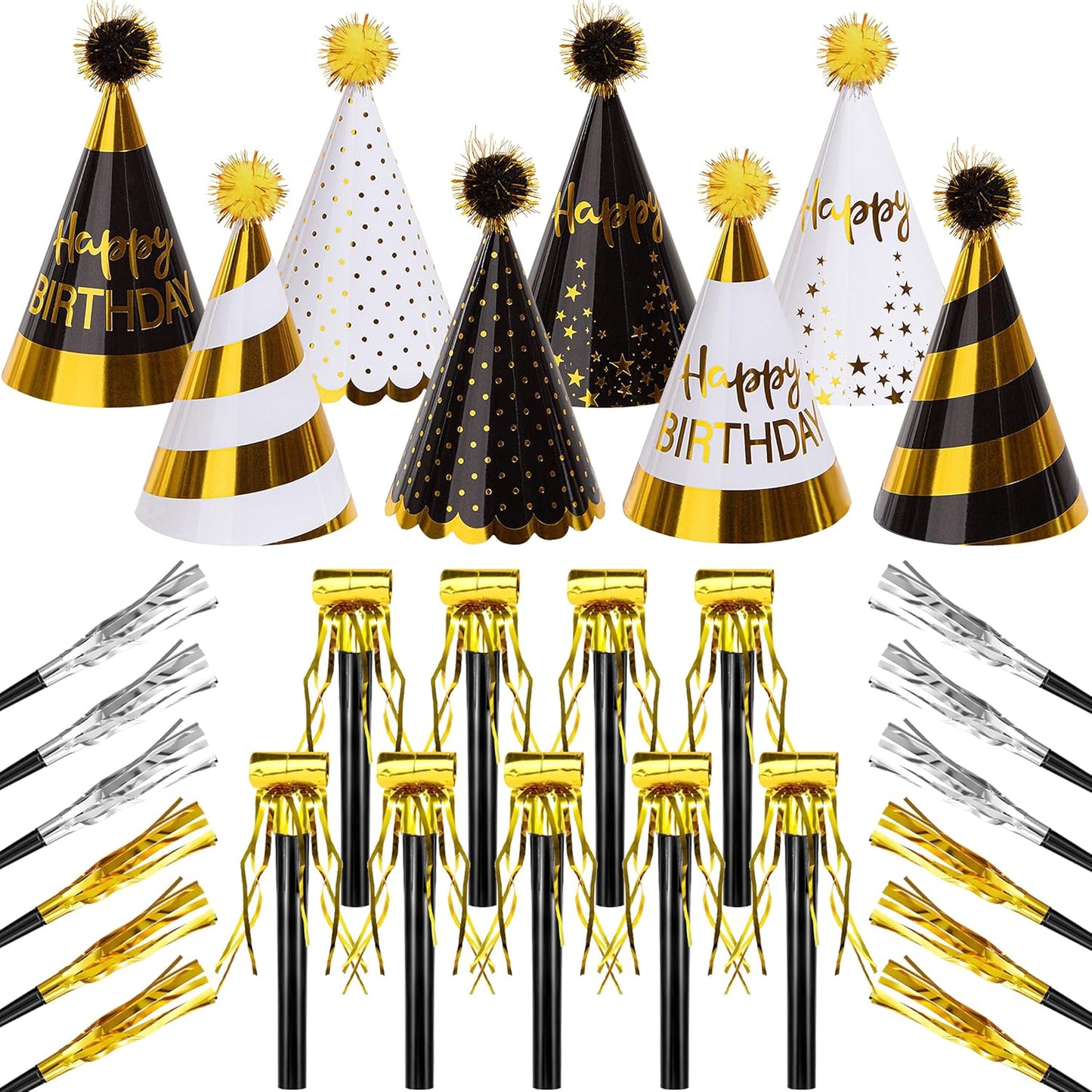 JOYEONDEF 30 Pcs Gold Birthday Party Hats Cone Hats Includes 8 Birthday Paper Hats and 22 Noise Makers