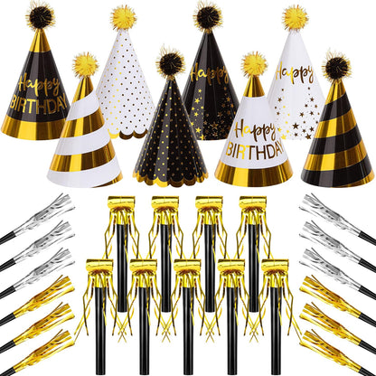JOYEONDEF 30 Pcs Gold Birthday Party Hats Cone Hats Includes 8 Birthday Paper Hats and 22 Noise Makers