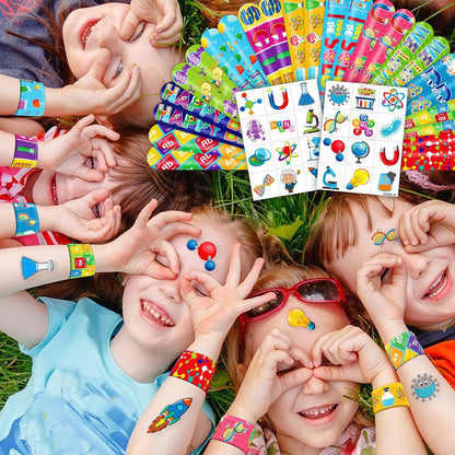 48PCS Science Party Favors - 24PCS Temporary Pre - Cut Tattoos & 24PCS Slap Bracelets - Fun STEM-Themed Birthday Supplies, Baby Shower Gifts, Classroom Rewards & Party Decor for Kids (Boys & Girls)