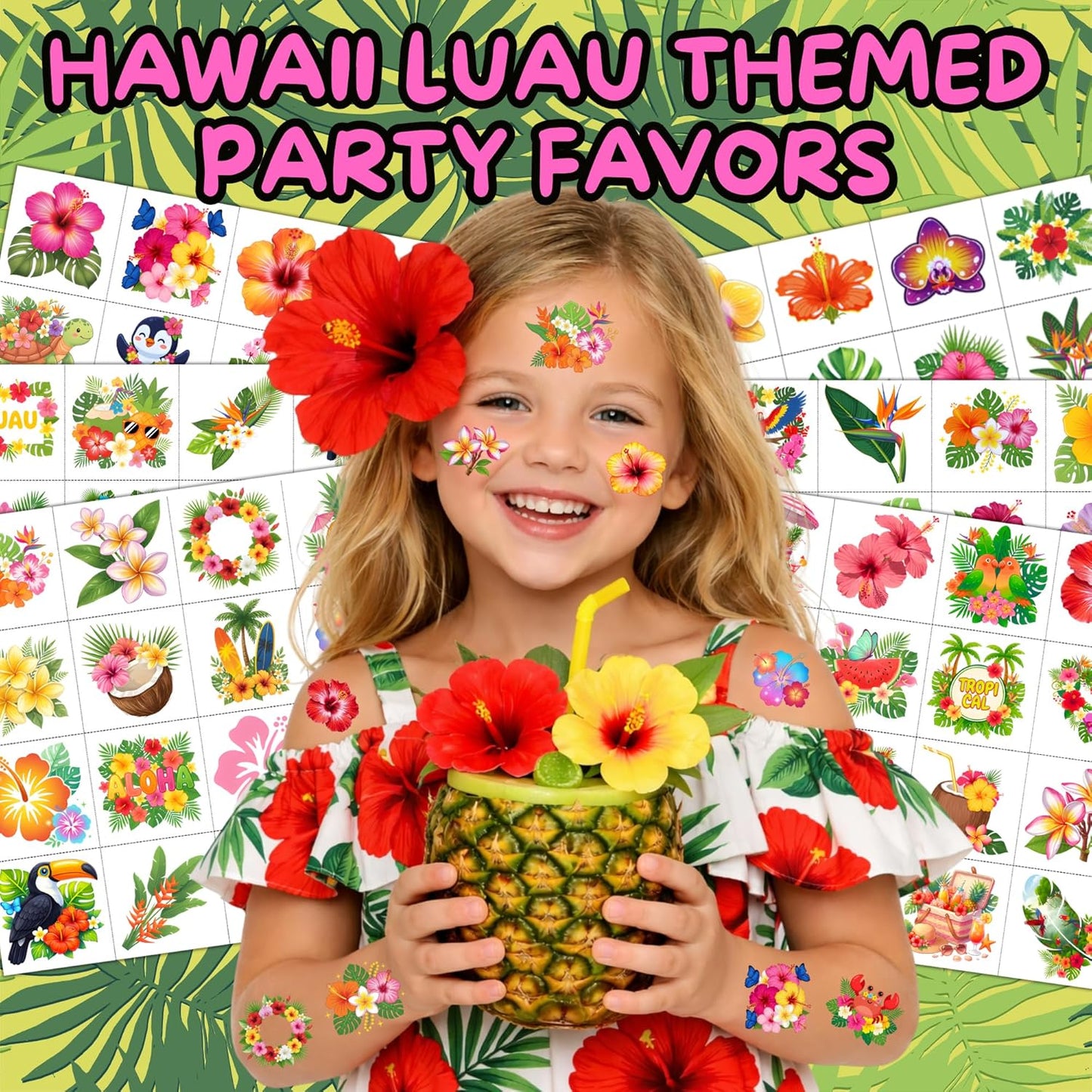 Tropical Flower Hawaiian Temporary Tattoos for Kids - 96 PCS Pre-cut Hawaii Luau Hibiscus Plumeria Party Favors Flower Summer Waterproof Stickers for Summer Aloha Party Decoration Supplies