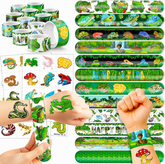72PCS Reptile Party Favors - 48 Pre-cut Tattoos & 24 Slap Bracelets, Alligator, Lizard, Gecko, Snake Patterns - Perfect for Reptile-Themed Birthdays, Classroom Prizes, and Party Supplies for Boys