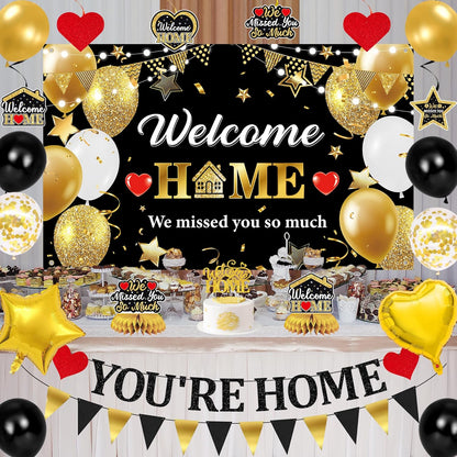 Holkcog Welcome Home Decoration, Black Gold Welcome Back Party Decorations, We Missed You So Much Banner Party, Glitter Home Party Sign Banner Ballons, Family Reunion Party Decora Supplies