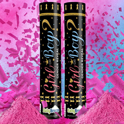 Gender Reveal Confetti Powder Cannon - Biodegradable Blue & Pink Poppers for Baby Shower Party Decorations - He or She What Will it Bee - 2 Pink Sticks