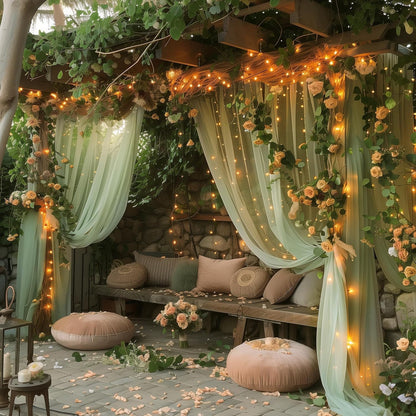 Fomcet Tulle Backdrop Curtains with Lights String White 10FT X 8FT Sheer Curtain with Lights Tulle Curtains Backdrop for Wedding Birthday Party Baby Shower Photo Shoot (2 Panels 5x8FT)