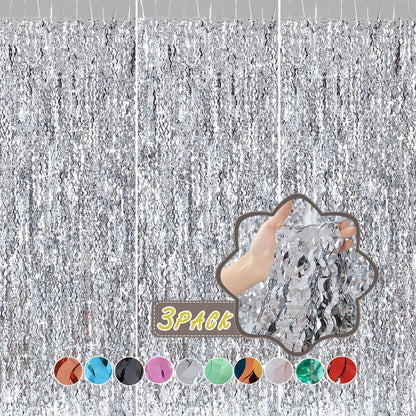 3 Pack Colorful Foil Fringe Curtain Backdrop - 6.6 x 3.3 ft Wavy Rainbow Tinsel Backdrop Curtain Metallic Streamers Iridescent Holiday Photo Booth Party Decorations