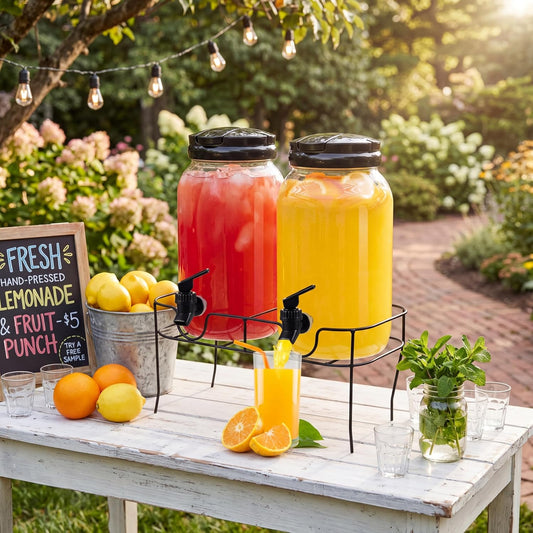 Tanlade 2 Pcs Plastic Drink Dispenser with Stand Beverage Dispenser with Sturdy Metal Base Juice Dispensers for Parties Lemonade Jar with Spigot for Weddings Countertop Water Tea, Each 1 Gallon