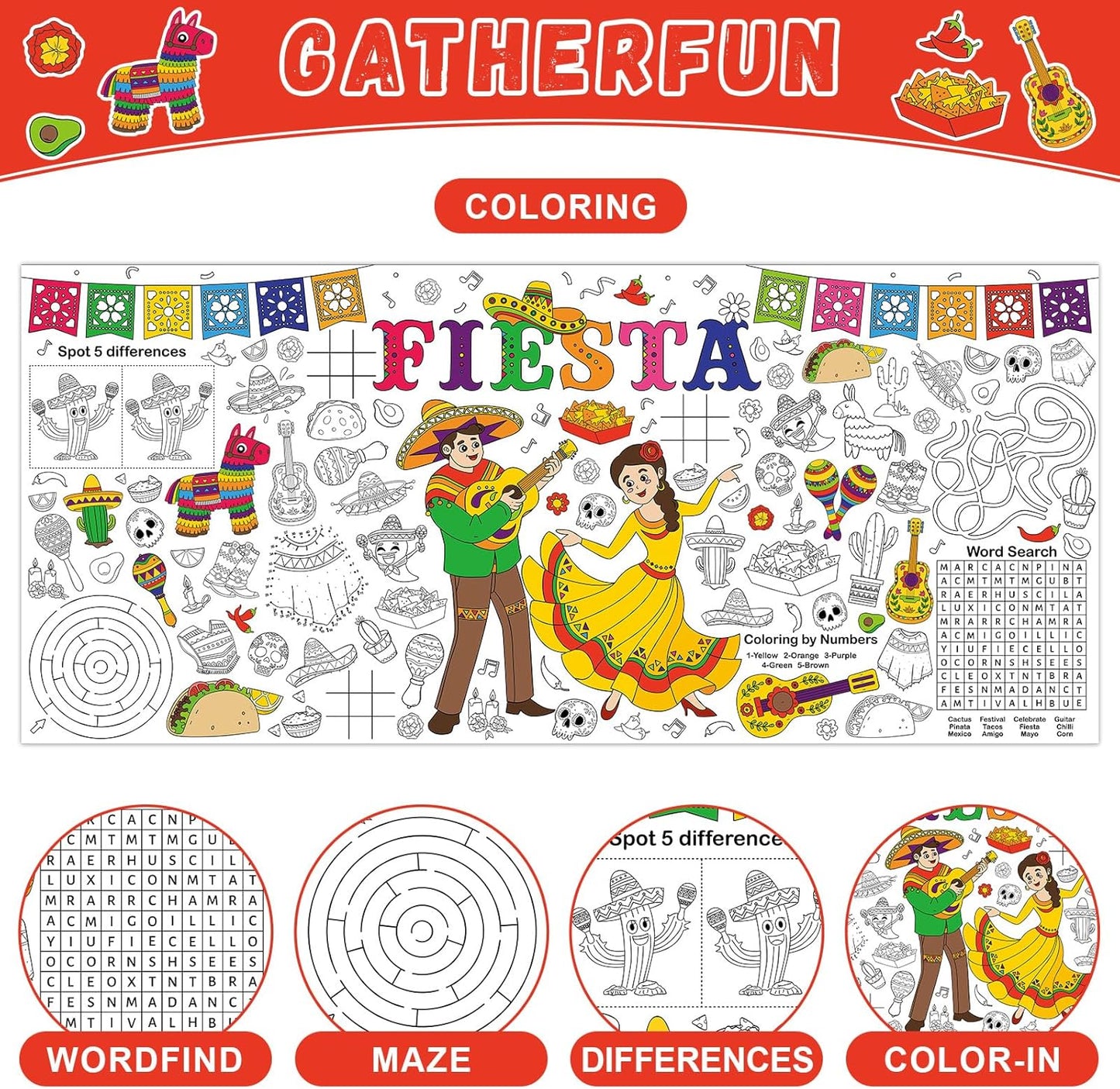 Mexican Fiesta Giant Coloring Poster Large Fiesta Coloring Tablecloth DIY Mexican-Themed Game Poster Drawing Banner Table Cover Art Craft for School Home Classroom Party Activity Supplies