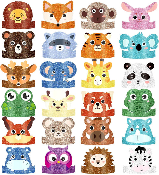 Gersoniel 24 Pcs Animal Birthday Party Hats Animal Headbands Jungle Safari Animal Paper Party Crown for Girls Kids (Jungle Animal)